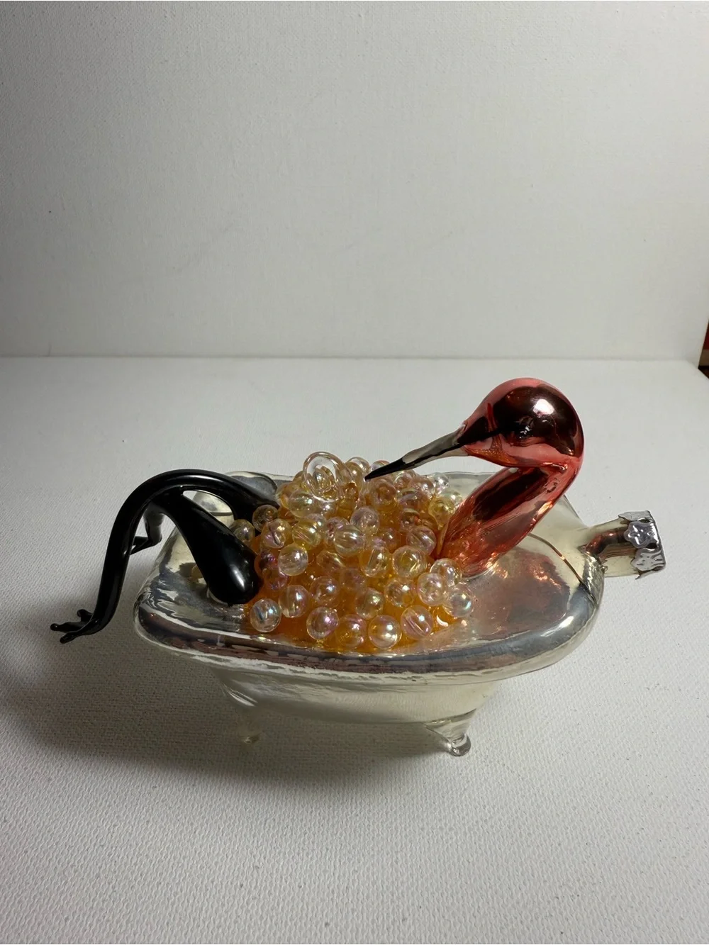 Murano Style Blown Glass Flamingo Soaking in Bubble Bath Ornament EUC Whimsical